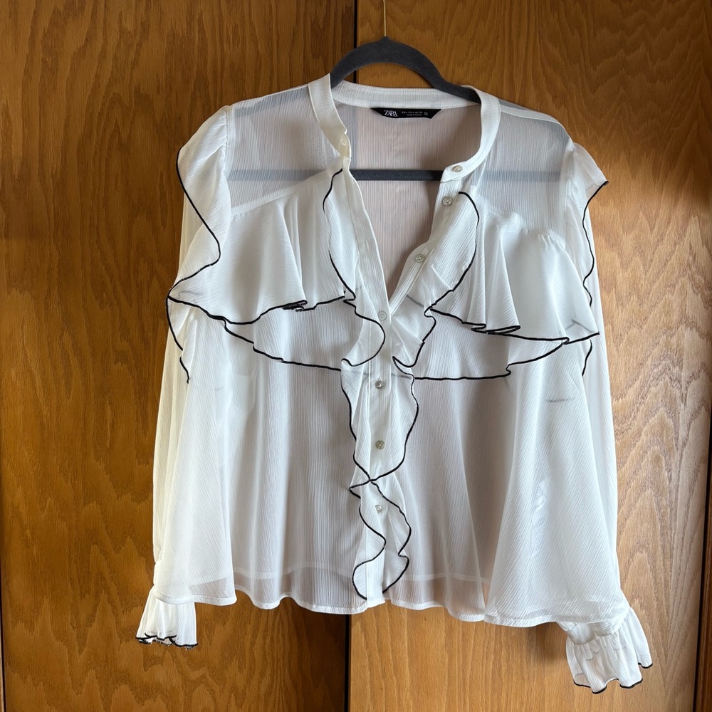 Zara Sheer White Blouse with Black Trim Size Large